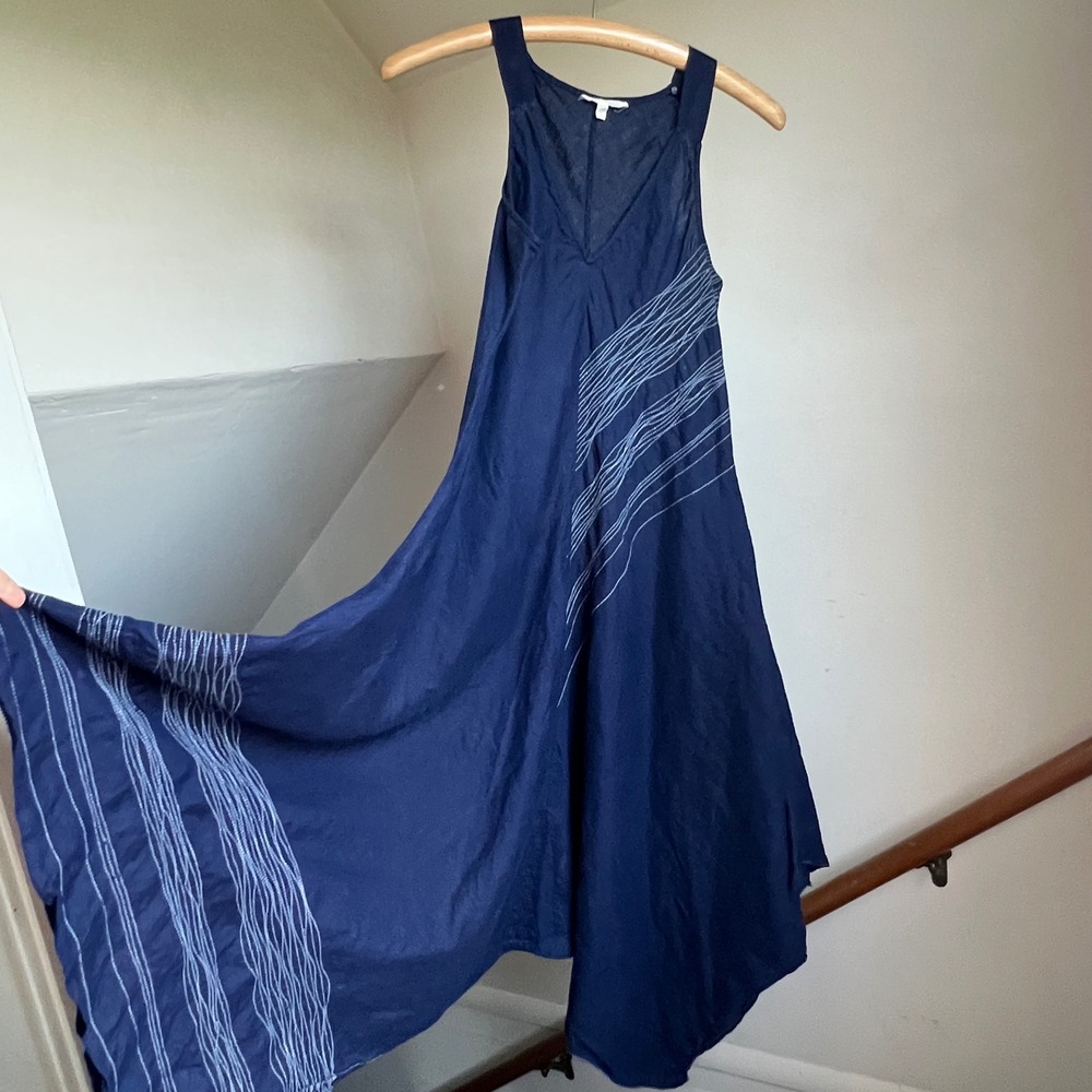 Eileen Fisher Dress XS Navy Blue Irish Linen Asymmetric Handkerchief Hem Midi